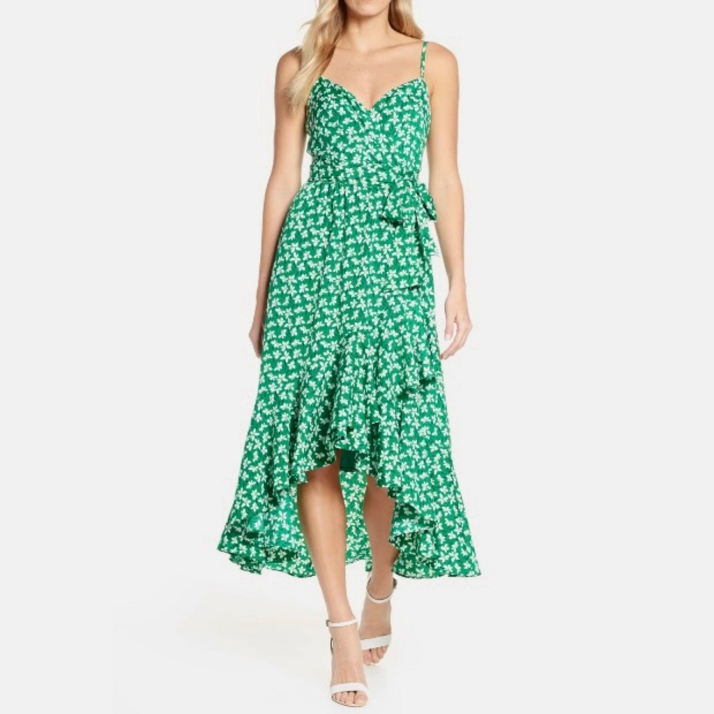 NWT Eliza J Green Floral High/Low Faux Wrap Midi Dress SIZE 6
